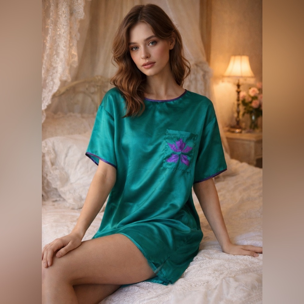 Victoria’s Secret Gold Label Vintage sleep tunic top, jewel green satin, sz M